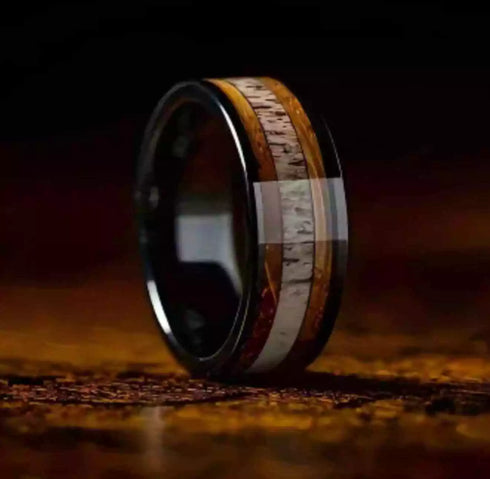 Men's 8mm Tungsten Deer Antler Whiskey Barrel Wood Inlay Engagement Wedding Band